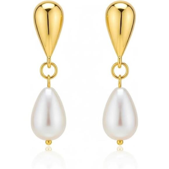 14K Gold-Plated Teardrop Pearl Drop Earrings – Elegant, Hypoallergenic - Picture 4 of 4